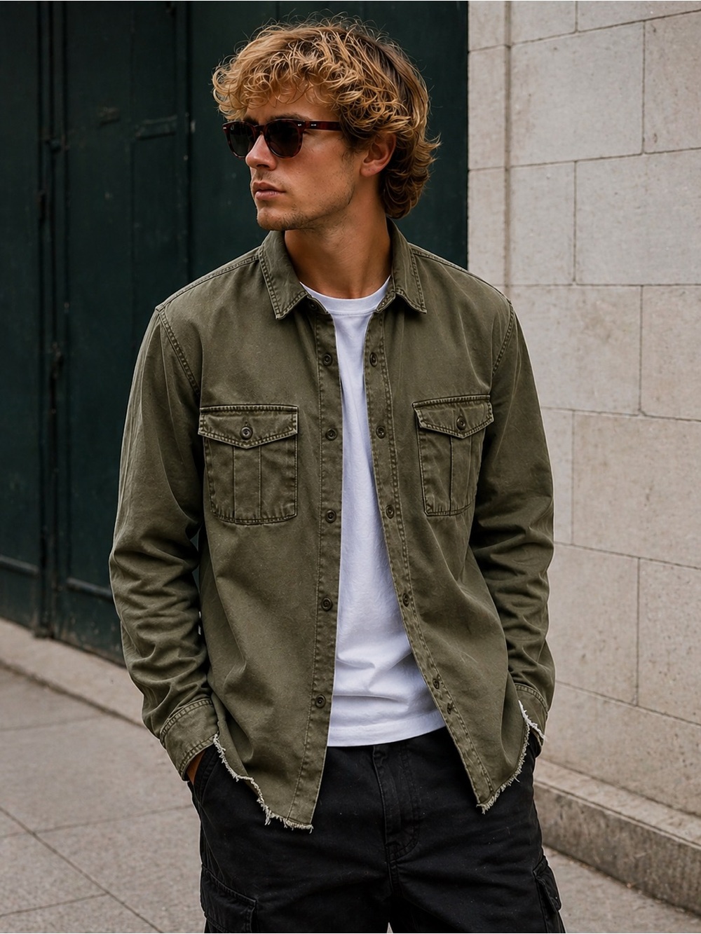 Forever 21 Olive Utility Button Up Shirt Mens Medium Raw Hem Military